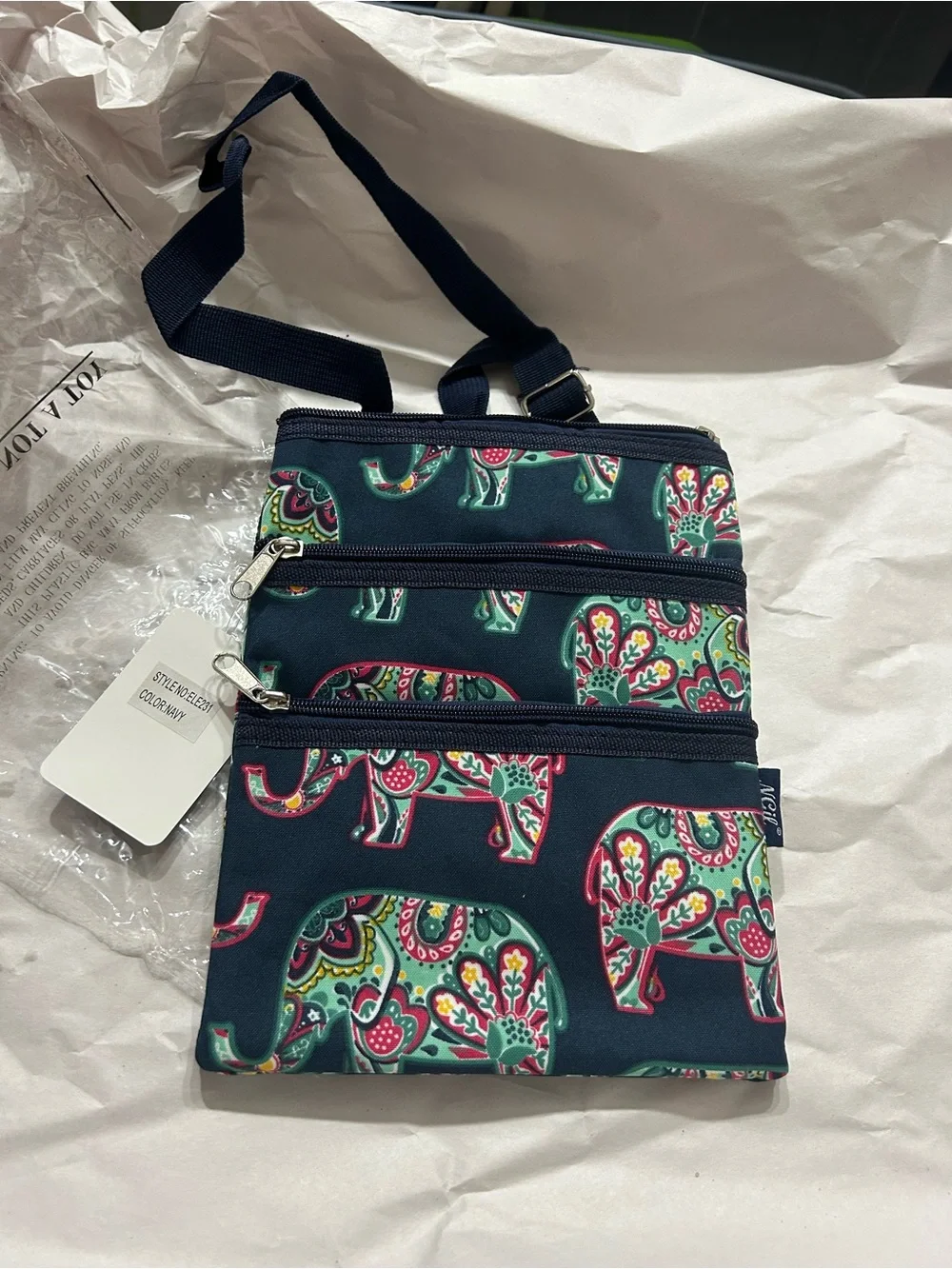 Navy Elephant Print Triple Zip Women’s crossbody